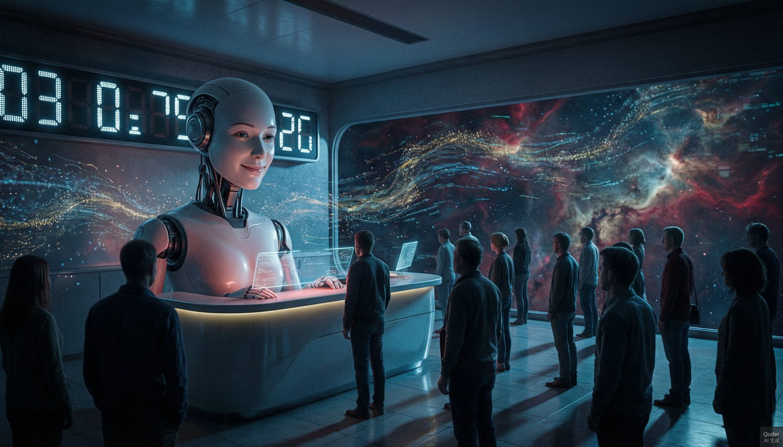 AI咨询师在宇宙大厅为排队的人们服务