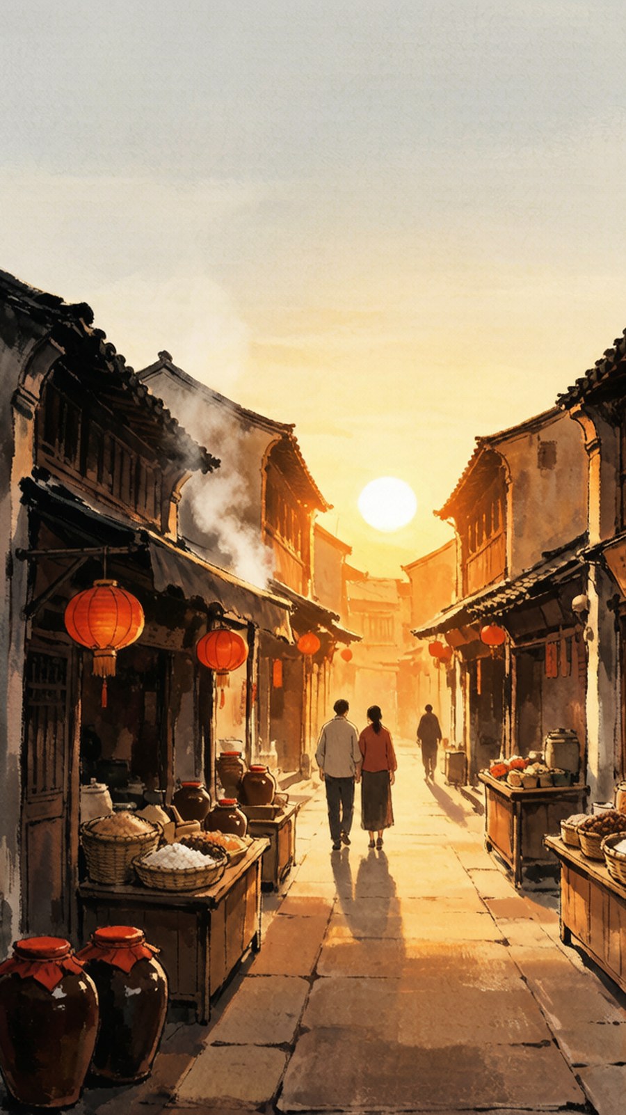 市井人间，结伴而行，街尾一轮太阳分不清晨昏