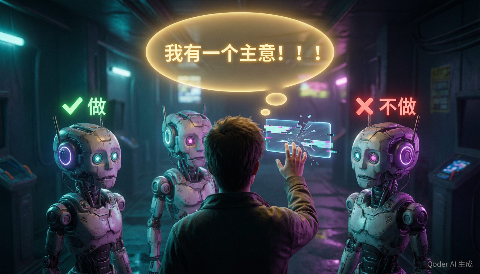 起念：主角面对机器人NPC的二选一对话框，心中想的是第三个不存在的选项